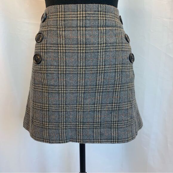 GAP gray brown wool plaid check button detail miniskirt Sz 8 - Picture 3 of 13